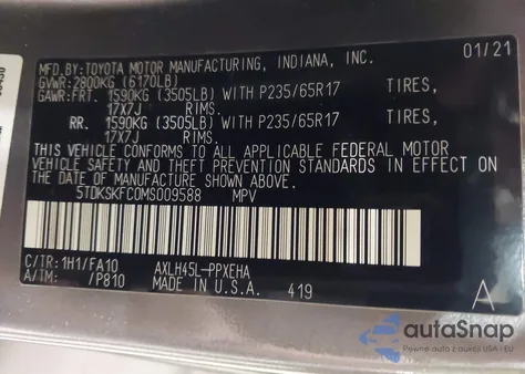 2021 Toyota Sienna Le из США, поврежденный, VIN 5TDKSKFC0MS009588